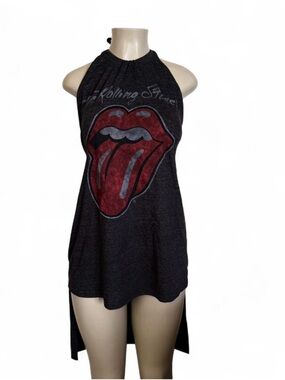 the Rolling Stones Charcoal Halter Tank with Red Tongue Graphic